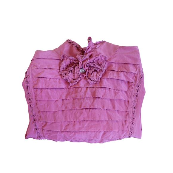 Vintage 80s Shirt Womens 6 Pink Silk Eyelet Bow Coquette Romantic Girly Top - Picture 12 of 12